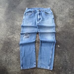 Distressed Wrangler Jeans Mens 33x32 Blue Pants Faded Patched Repaired Grunge